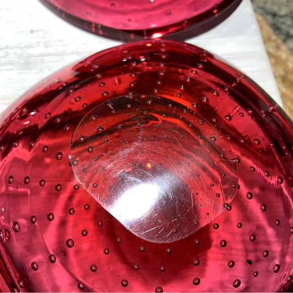 1950’S BULLICANTE CONTROLLED BUBBLE CRANBERRY MURANO GLASS BOWL. [SET OF 4] - Picture 7 of 9